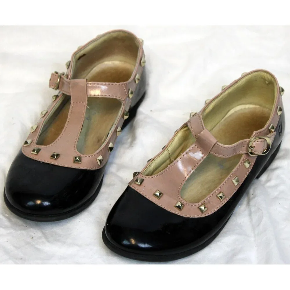 Naturino Black Brown 2-tone Dance Dress Shoes sz 12-12.5 Studded T-Strap Buckle